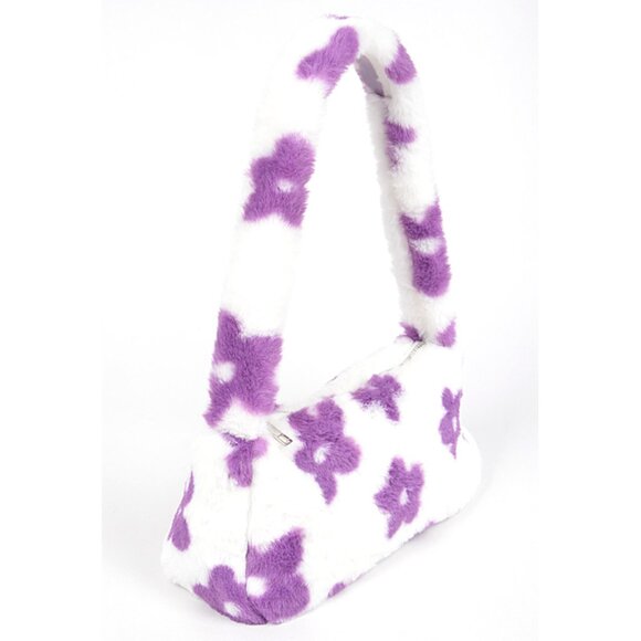 BNWT Faux Fur Flower Printed Plushy Shoulder Bag - Picture 2 of 5